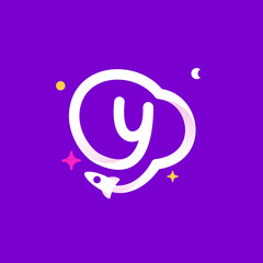 Logo template letter Y with planets, rocket launch and stars.