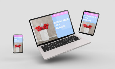 Flying laptop, mobile and tablet 3d rendering showing responsive web design .3d illustration