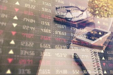 Double exposure of forex chart drawing and cell phone background. Concept of financial trading