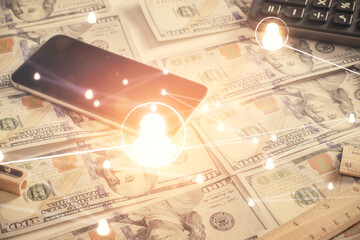 Multi exposure of social network drawing over us dollars bill background. Concept of people connection.