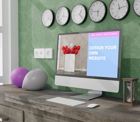Workspace at home with a desktop computer 3d rendering mockup.Modern Web responsive concept . 3d illustration