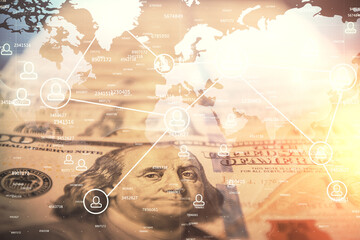 Multi exposure of social network drawing over us dollars bill background. Concept of people connection.