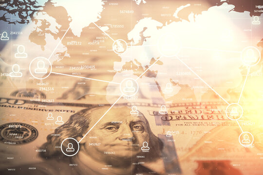 Multi exposure of social network drawing over us dollars bill background. Concept of people connection.