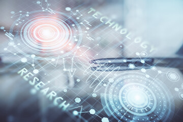 Double exposure of Ai data theme drawing over coffee cup background in office.