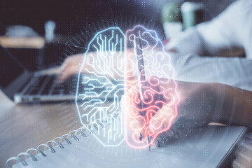 Obraz premium Double exposure of brain drawing over people taking notes background. Concept of Ai