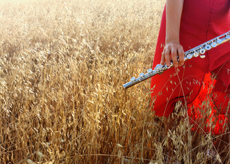 lady in a red dress with a flute on a wheat field © Galina
