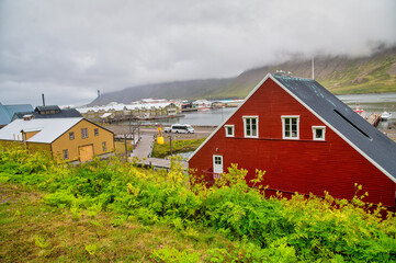 Fototapeta na wymiar Siglufjordur colorful homes in Iceland. Foggy summer morning