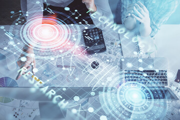 Double exposure of man and woman working together and data theme hologram drawing. Computer background. Top View.