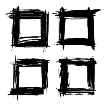 Four square frame texture of brush strokes of black paint vector illustration isolated on white background