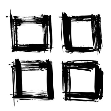Four vector square frame texture of brush strokes of black paint isolated on white background