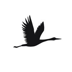 Vector black hand drawn flying crane bird silhouette isolated on white background