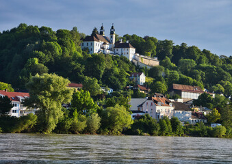 Fototapeta na wymiar Passau Church Hilltop View by River in Germany