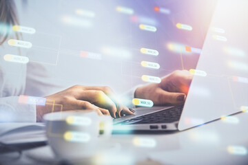 Multi exposure of woman hands working on computer and data theme hologram drawing. Tech concept.