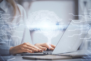 Multi exposure of woman hands working on computer and human brain hologram drawing. Ai tech concept.