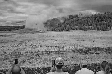 Black and white infrared view of Old Faithful in Yellowstone National Park, WY