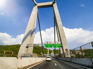 Morandi Bridge in Genova, Italy. Car traffic on a beautiful day