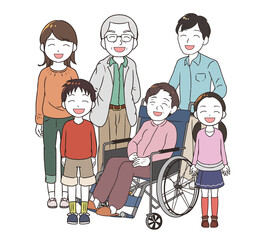 笑顔の高齢女性と家族みんな