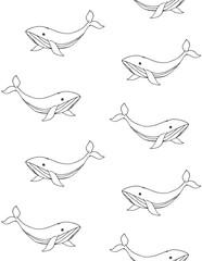 Vector seamless pattern of hand drawn doodle sketch whale isolated on white background