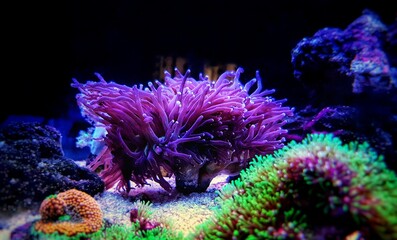 Long tentacles colorful live coral in saltwater reef aquarium tank