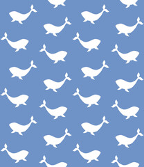 Vector seamless pattern of white hand drawn whale silhouette isolated on blue background