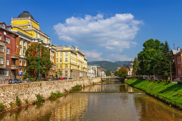Fototapeta premium Miljacka river in Sarajevo by day, Bosnia and Herzegovina