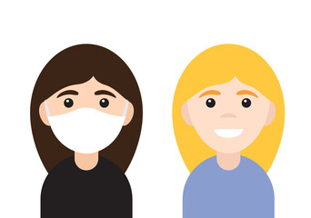 Vector flat cartoon two different woman girl in medical face mask isolated on white background