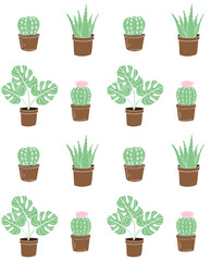 Vector seamless pattern of different colored hand drawn doodle sketch monstera plant and cactus in pots isolated on white background