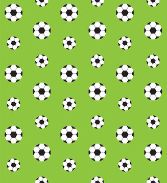 Vector seamless pattern of flat cartoon football ball isolated on green background