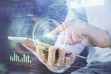 Multi exposure of man's hand holding and using a digital device and data theme drawing. Innovation concept.
