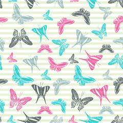 Flying butterfly silhouettes over striped background vector seamless pattern.