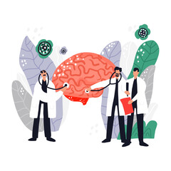 Three doctors treat brain. Medical illustration.