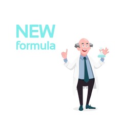 new formula, Scientist chemist holding a retort, cartoon, vector illustration