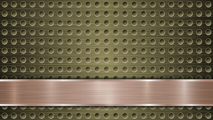 Background of golden perforated metallic surface with holes and horizontal bronze polished plate with a metal texture, glares and shiny edges