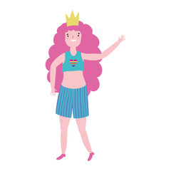 pride parade lgbt community, woman with gold crown waving hand celebration cartoon