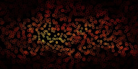 Dark red, yellow vector background with bubbles.