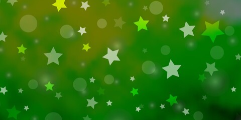 Light Green, Yellow vector backdrop with circles, stars. Abstract design in gradient style with bubbles, stars. Design for wallpaper, fabric makers.