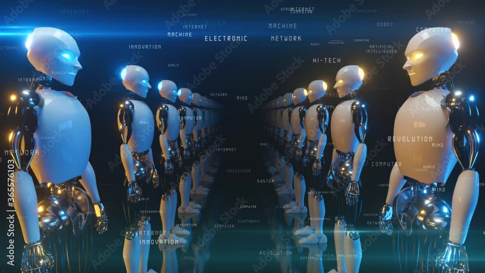 Poster an endless corridor of robots facing each other. future technology and artificial intelligence conce