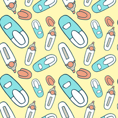 Drawn felt-tip pen on yellow backdrop. Stationery seamless pattern for wallpaper, wrap paper, sleeper, bath tile, apparel or bed linen Phone case or cloth print. Doodle style stock vector illustration