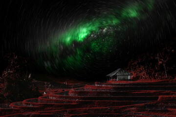 red rice field at the ball with a small gazebo and a green starry sky