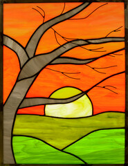 Stained Glass Window Panel of Birch Sunrise