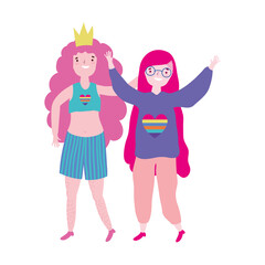 pride parade lgbt community, two women character with crown celebration