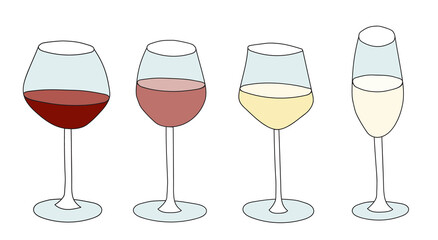 Doodle cartoon hipster style colored vector illustration collection set. Variety of red pink rose white wine glasses. Bar restaurant menu ads decor, poster or card, fabric textile wallpaper design