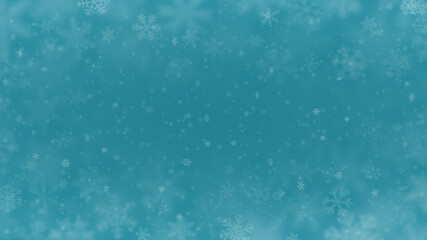Christmas background of snowflakes of different shapes, sizes, blur and transparency in light blue colors
