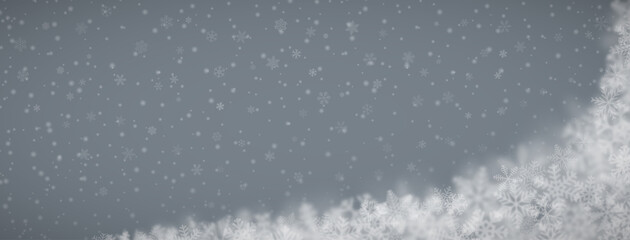 Christmas background of snowflakes of different shapes, sizes, blur and transparency on gray background