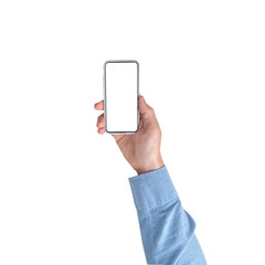Hand in shirt holding smartphone on white background. Isolated.