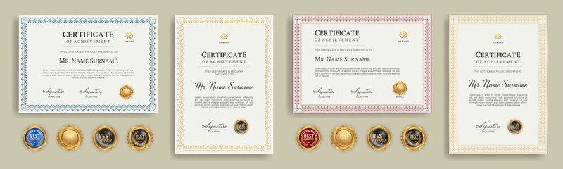 Diploma certificate border template set with badges for award, business, and education