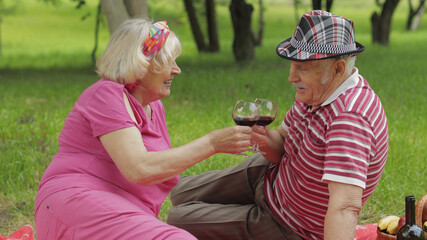 Fototapeta premium Family weekend picnic in park. Senior old couple sit on blanket and drink wine. Making a kiss. Love