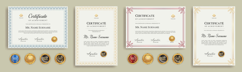 Diploma certificate border template set with badges for award, business, and education