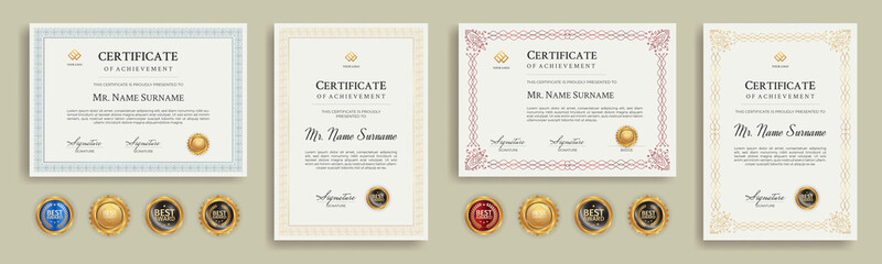 Diploma certificate border template set with badges for award, business, and education - obrazy, fototapety, plakaty