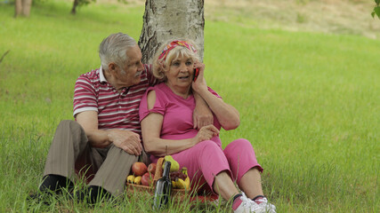 Fototapeta premium Family weekend picnic. Senior old grandparents couple in park using smartphone for call